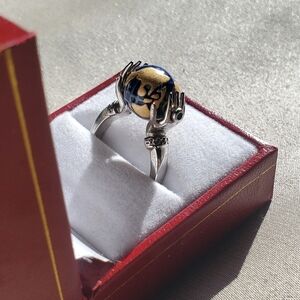 Jade, Saphire, White Zircon Holding The World In Your Hands Platinum Plated Ring